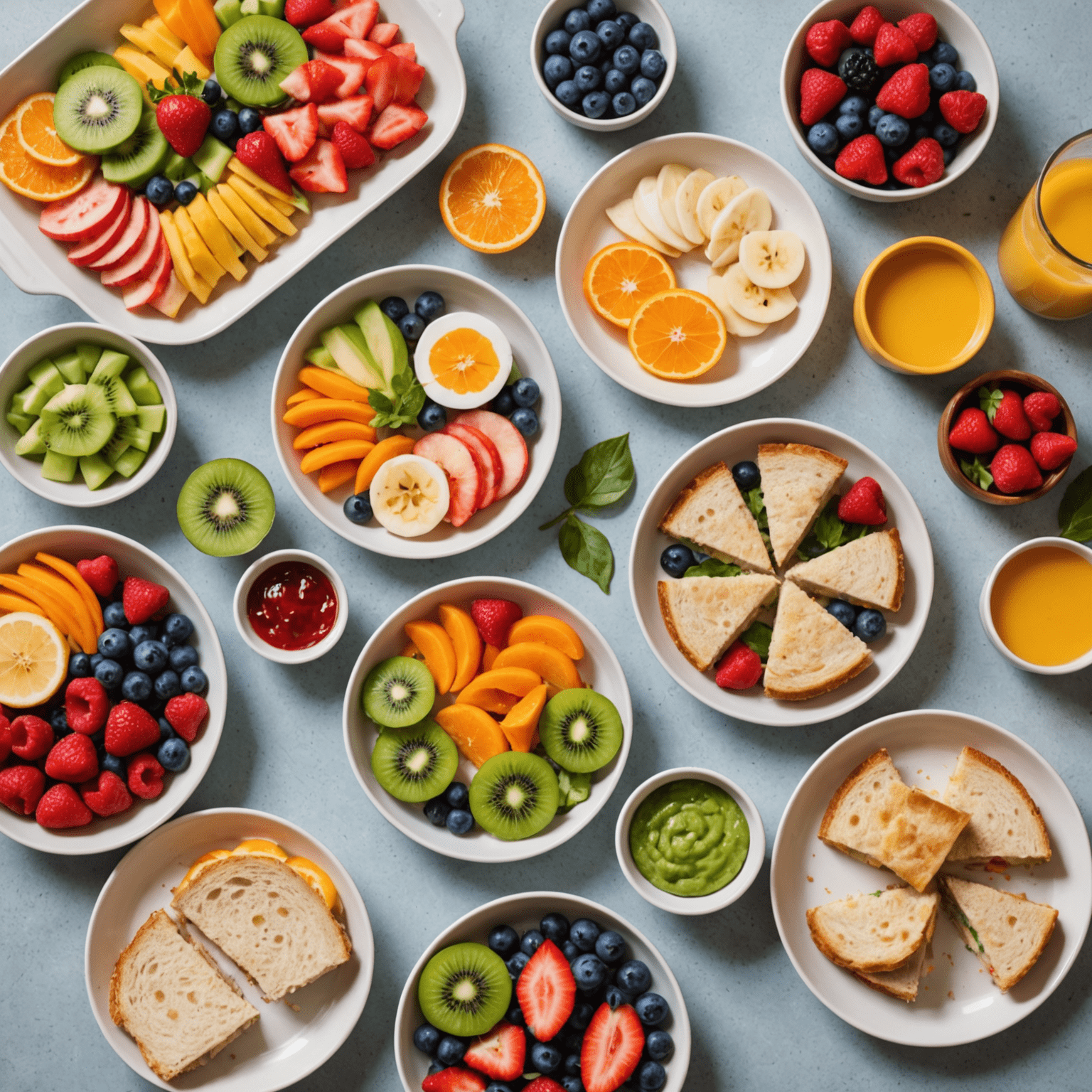 Various colorful and healthy toddler meal ideas arranged on a table, including finger foods, small sandwiches, and fruit slices