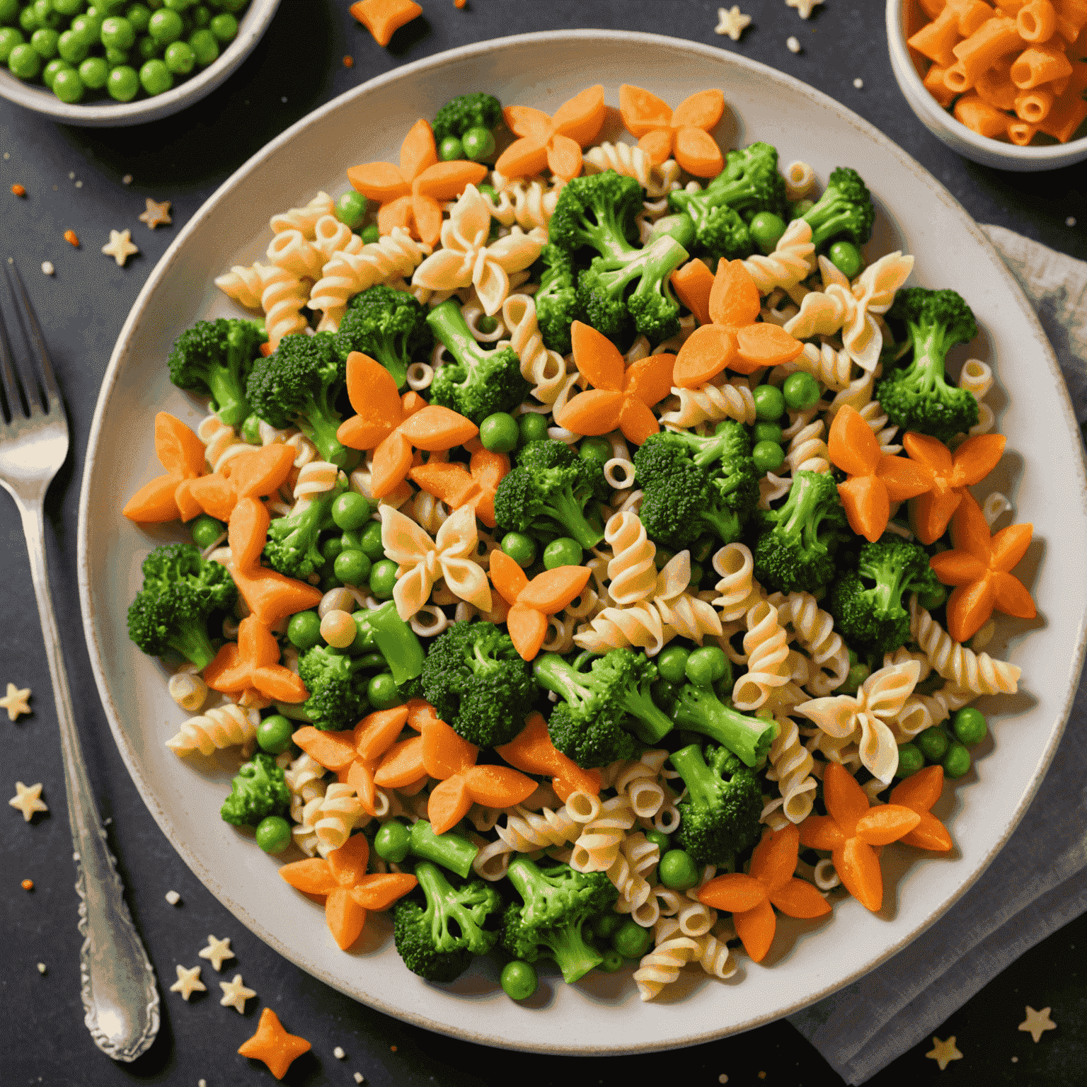 A plate of colorful pasta with small pieces of broccoli, carrots, and peas mixed in. The pasta is in fun shapes like butterflies and stars.