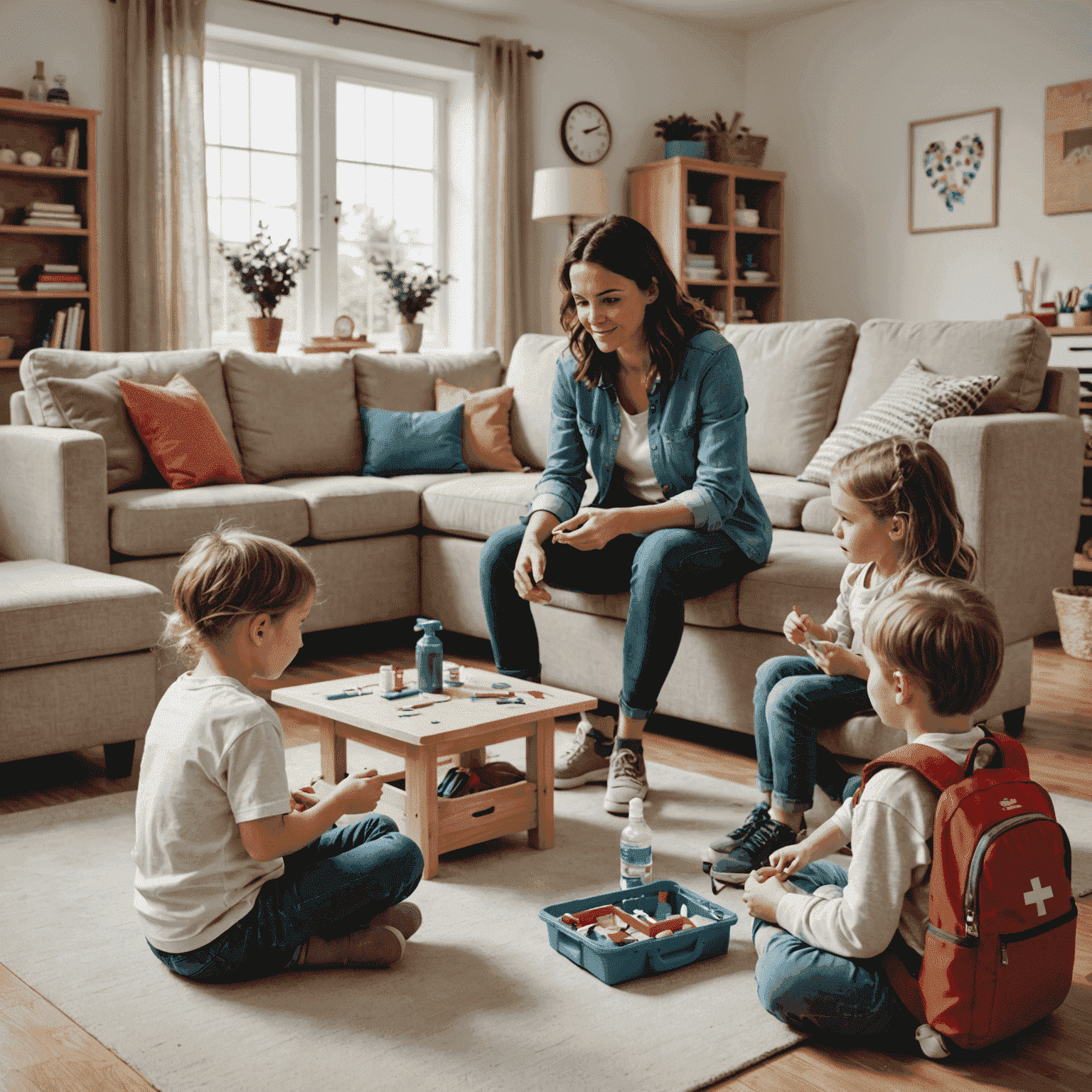 A responsible babysitter watching over children in a living room, with safety equipment visible such as a first aid kit and childproofed furniture
