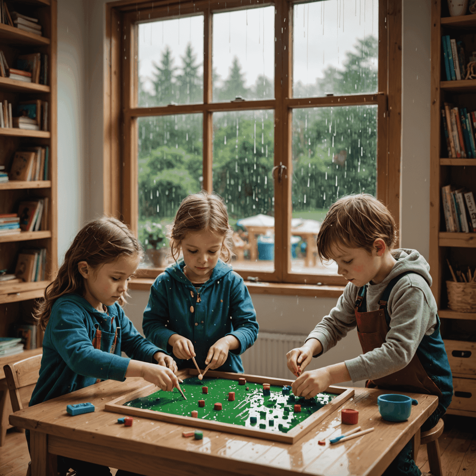 Children playing indoor games and doing crafts on a rainy day, with a window showing rain outside