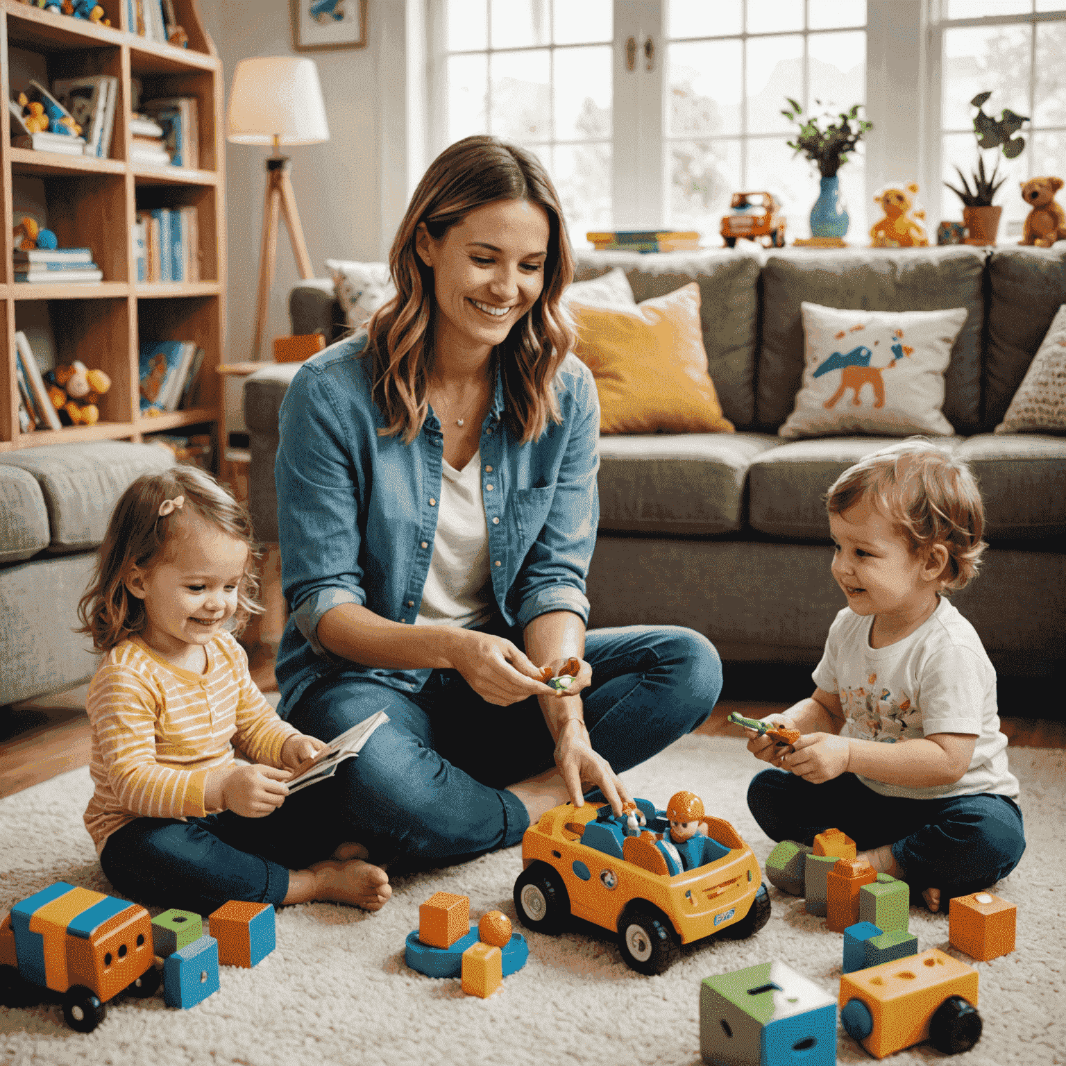 A smiling babysitter playing with children in a living room, surrounded by toys and books