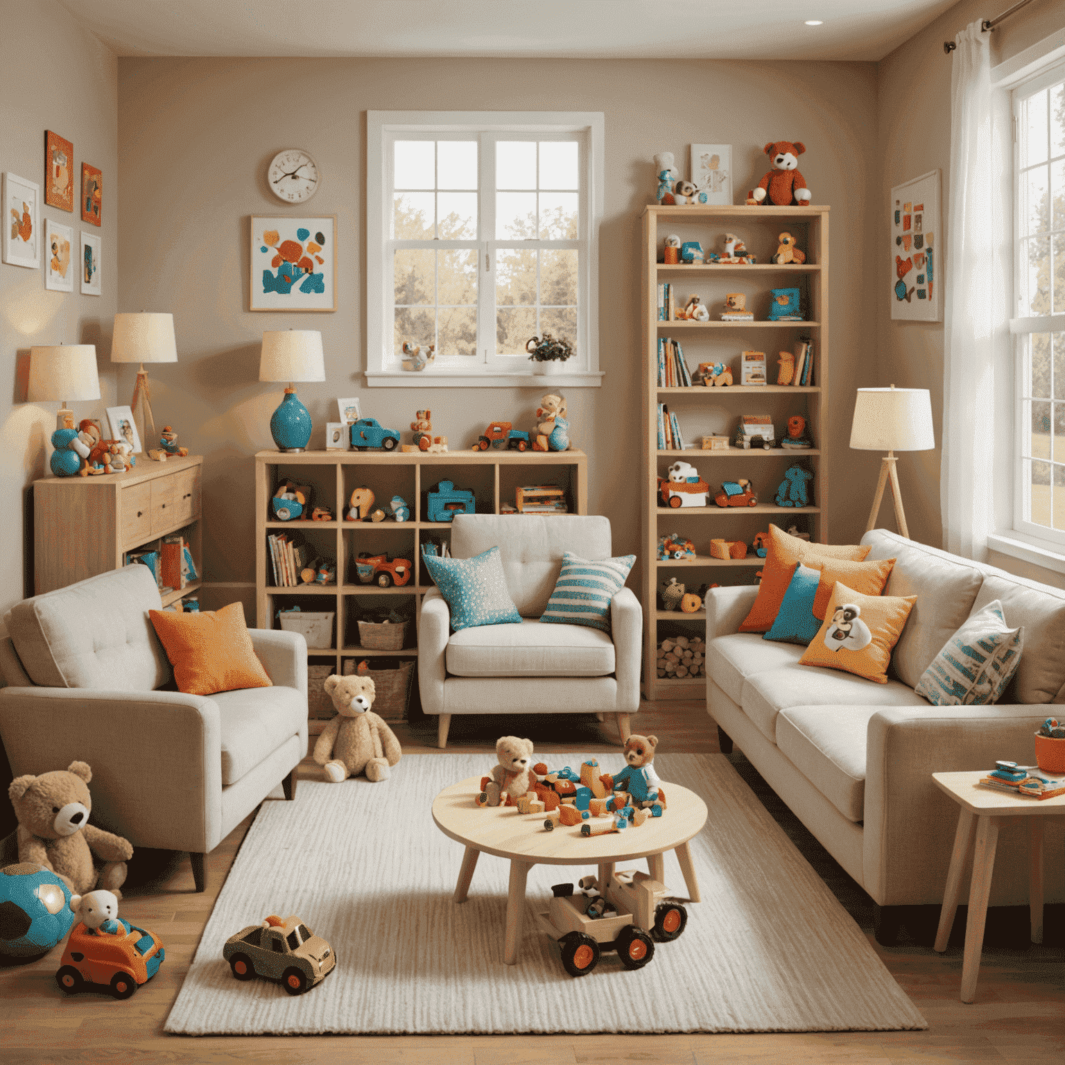 A warm and inviting living room with toys neatly arranged, showing a safe and comfortable environment for babysitting