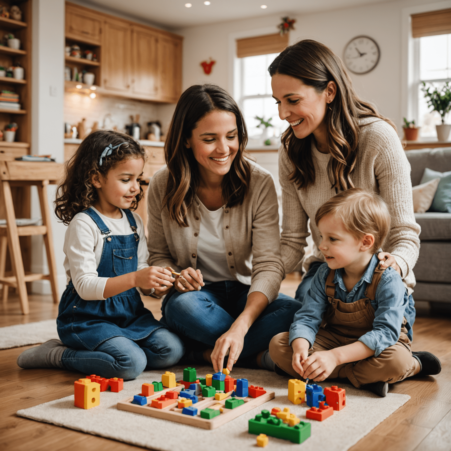 A professional nanny interacting with children in a home setting, showcasing warmth and expertise in childcare