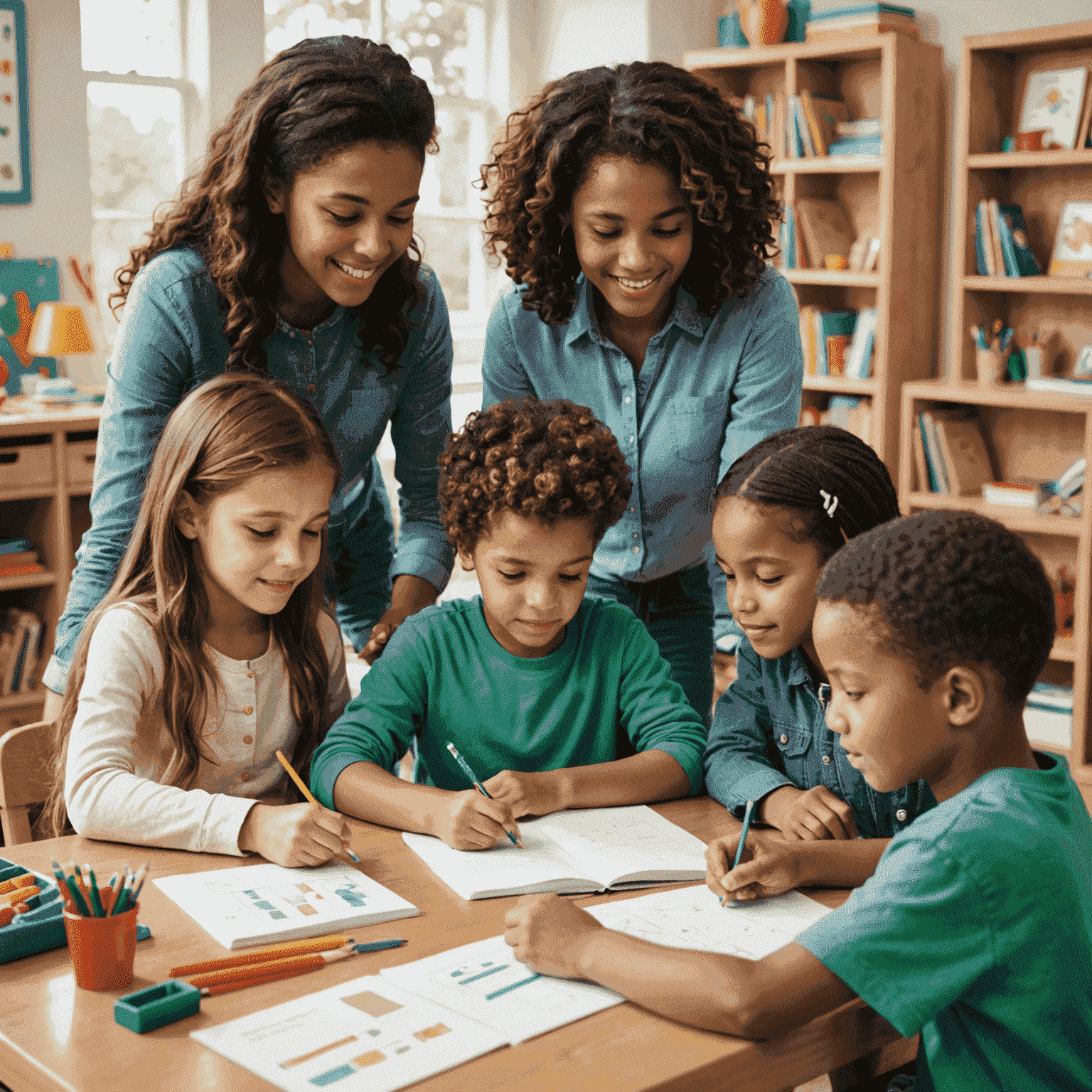 Children engaged in various after-school activities, including homework help, arts and crafts, and outdoor play