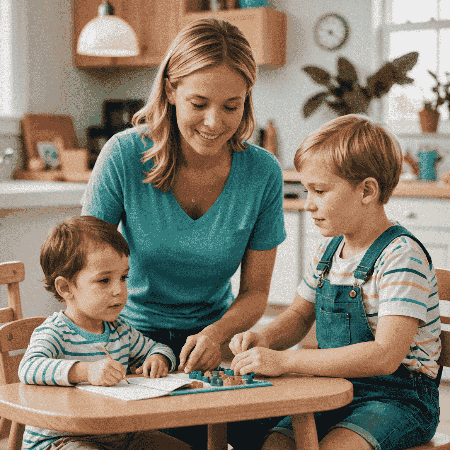 A caring babysitter interacting with a child with special needs, showing patience and using specialized communication tools