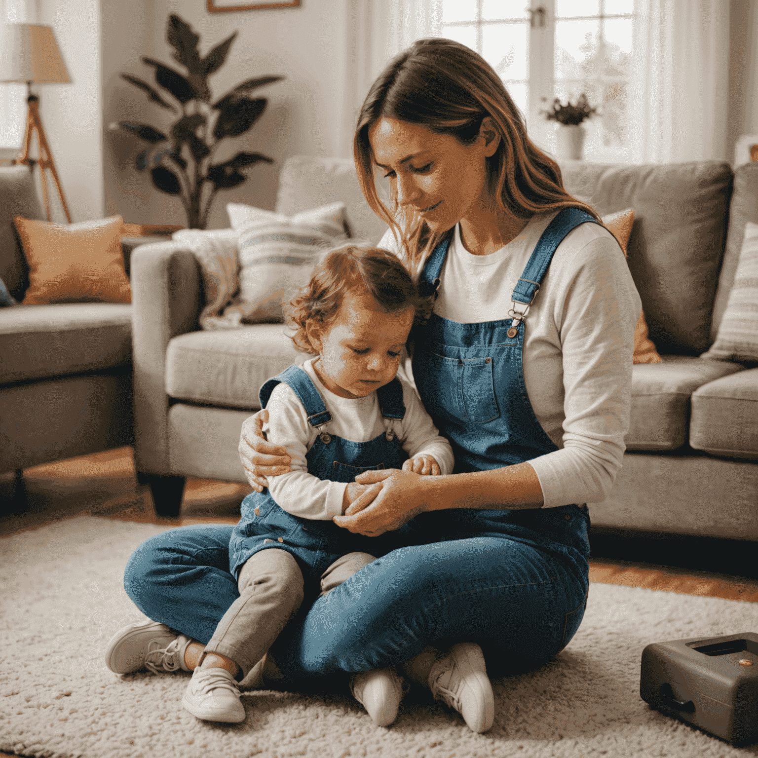 A caring babysitter comforting a child in a living room setting, demonstrating emergency childcare services