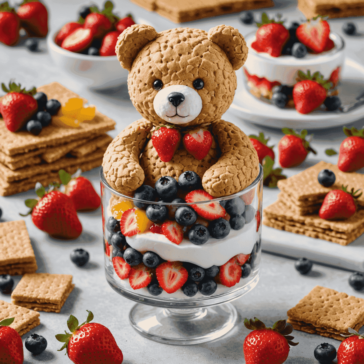 A clear glass filled with layers of colorful fruits like strawberries and blueberries, alternating with creamy yogurt. A teddy bear-shaped graham cracker sits on top.