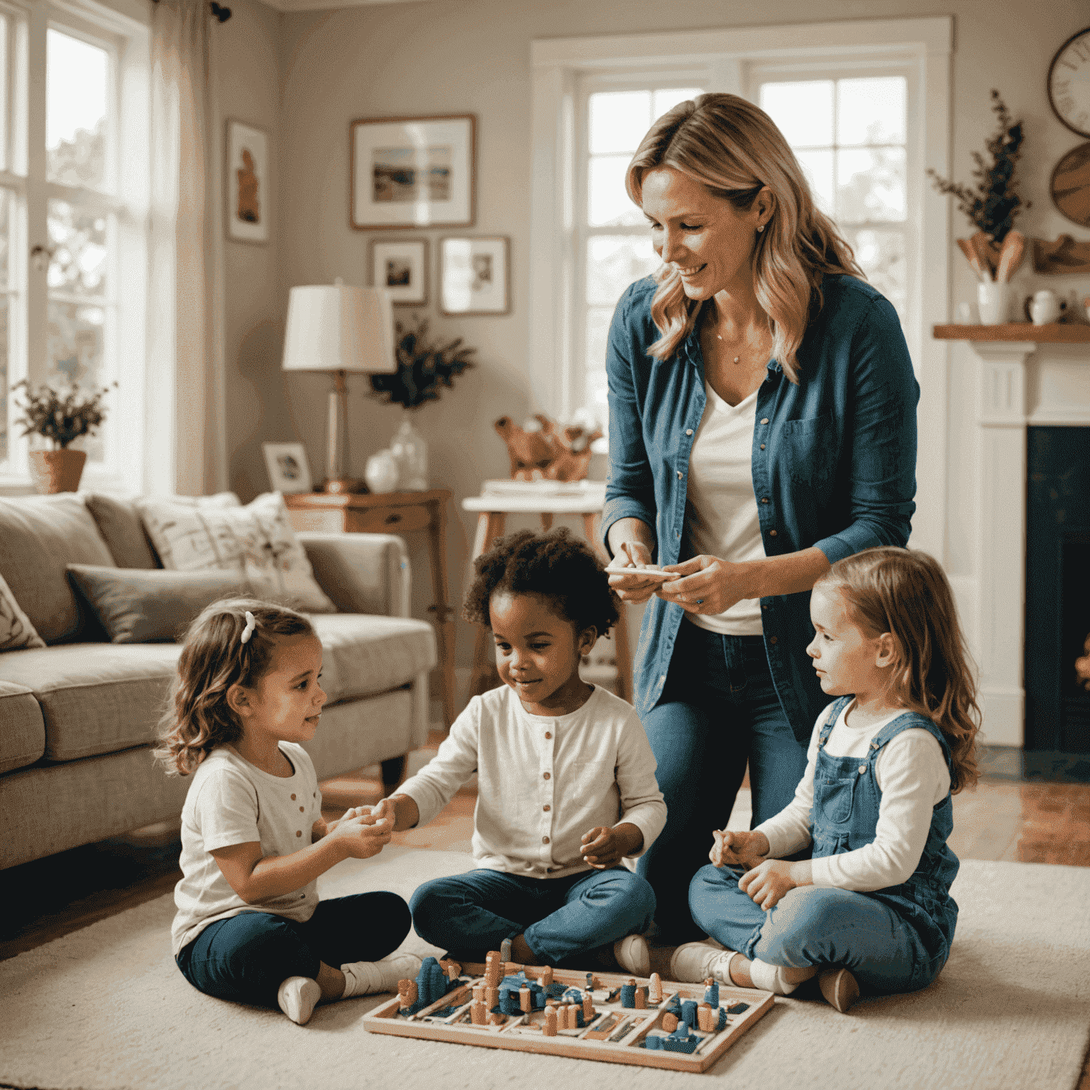 A professional nanny interacting with a family in their home, discussing childcare plans