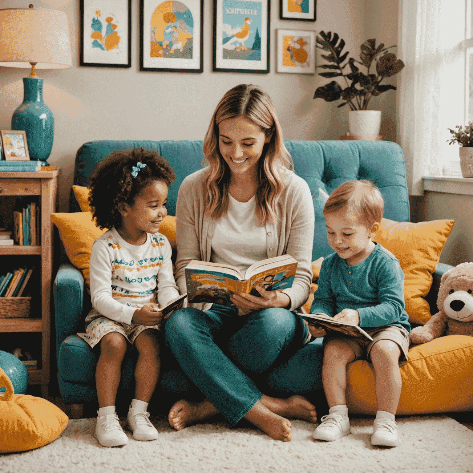 A smiling babysitter reading a colorful storybook to two attentive children in a cozy reading nook
