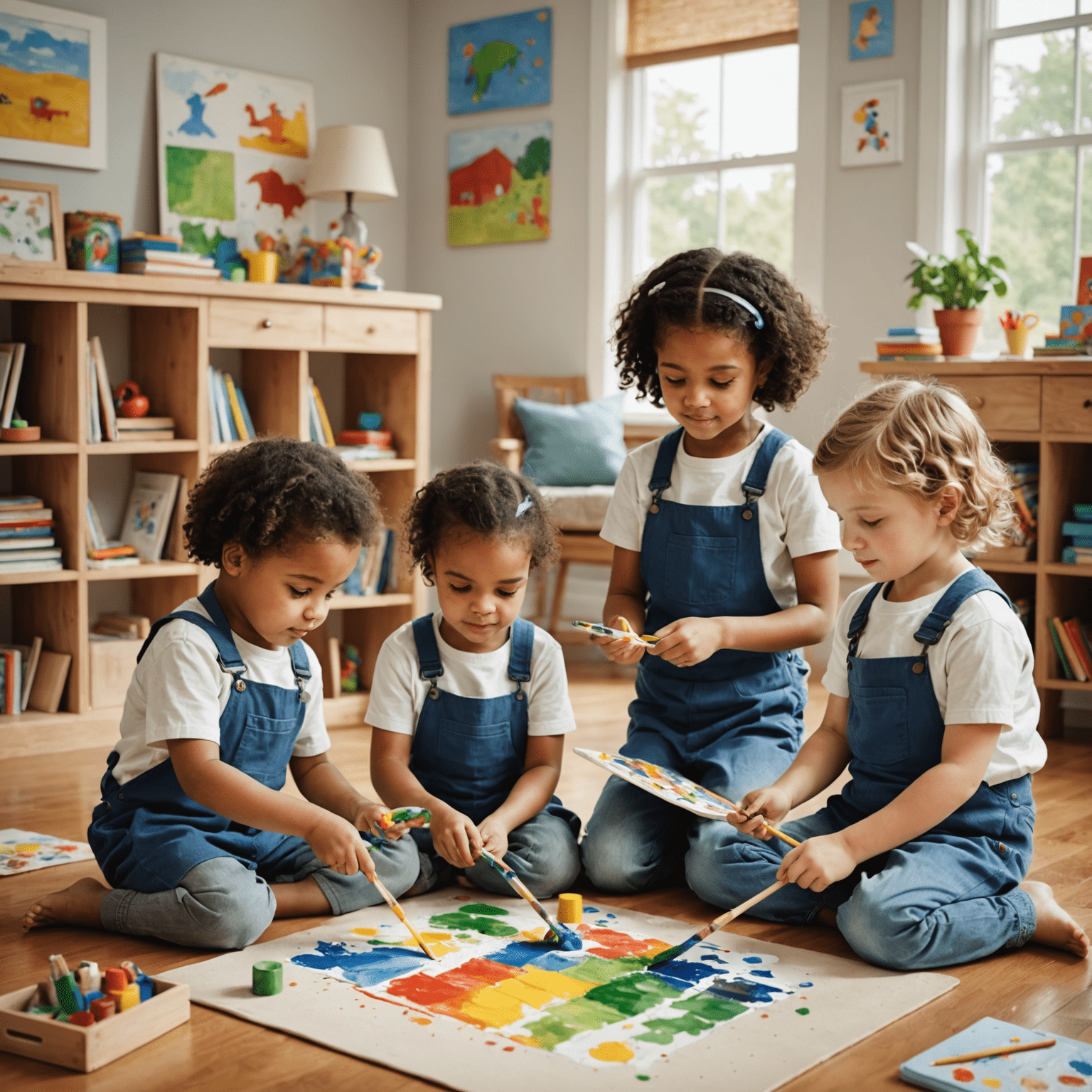 Children engaged in various indoor activities like painting, building blocks, and reading books