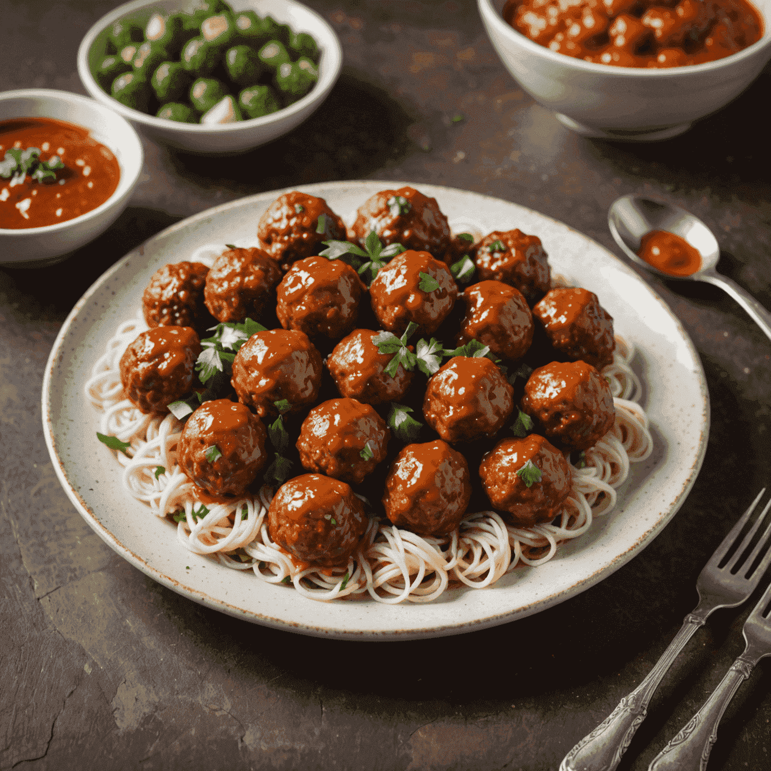 A plate of small, bite-sized meatballs with visible specks of grated vegetables. A small bowl of tomato sauce for dipping is on the side.