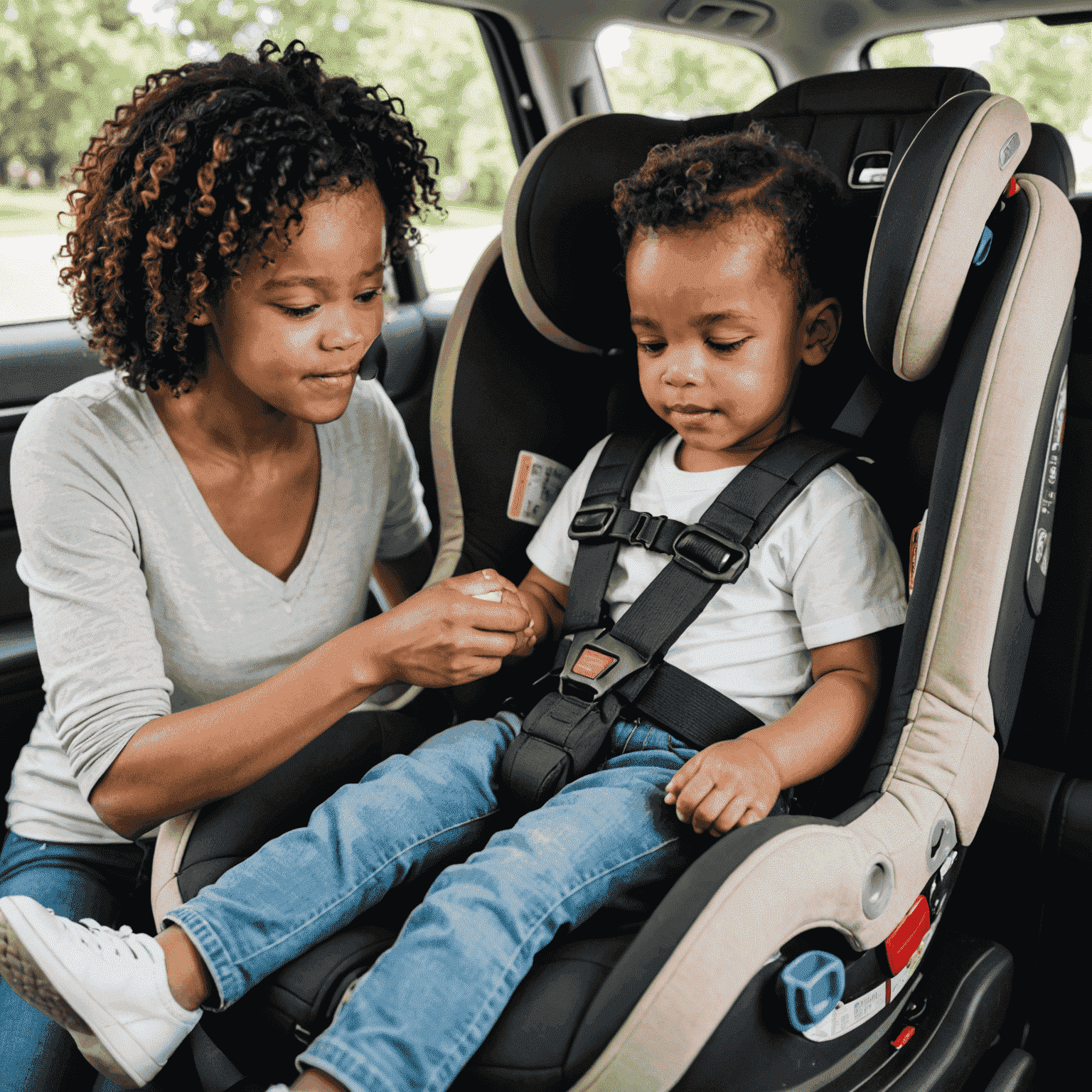 A child properly secured in a car seat with a babysitter checking the straps