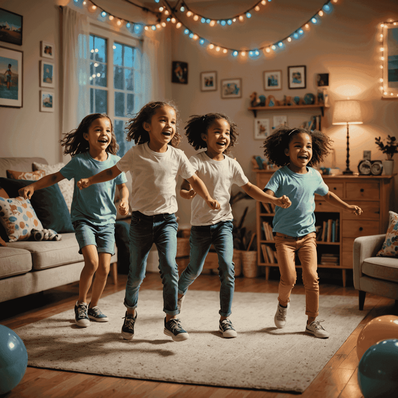 Children having a lively dance party in a living room with colorful lights