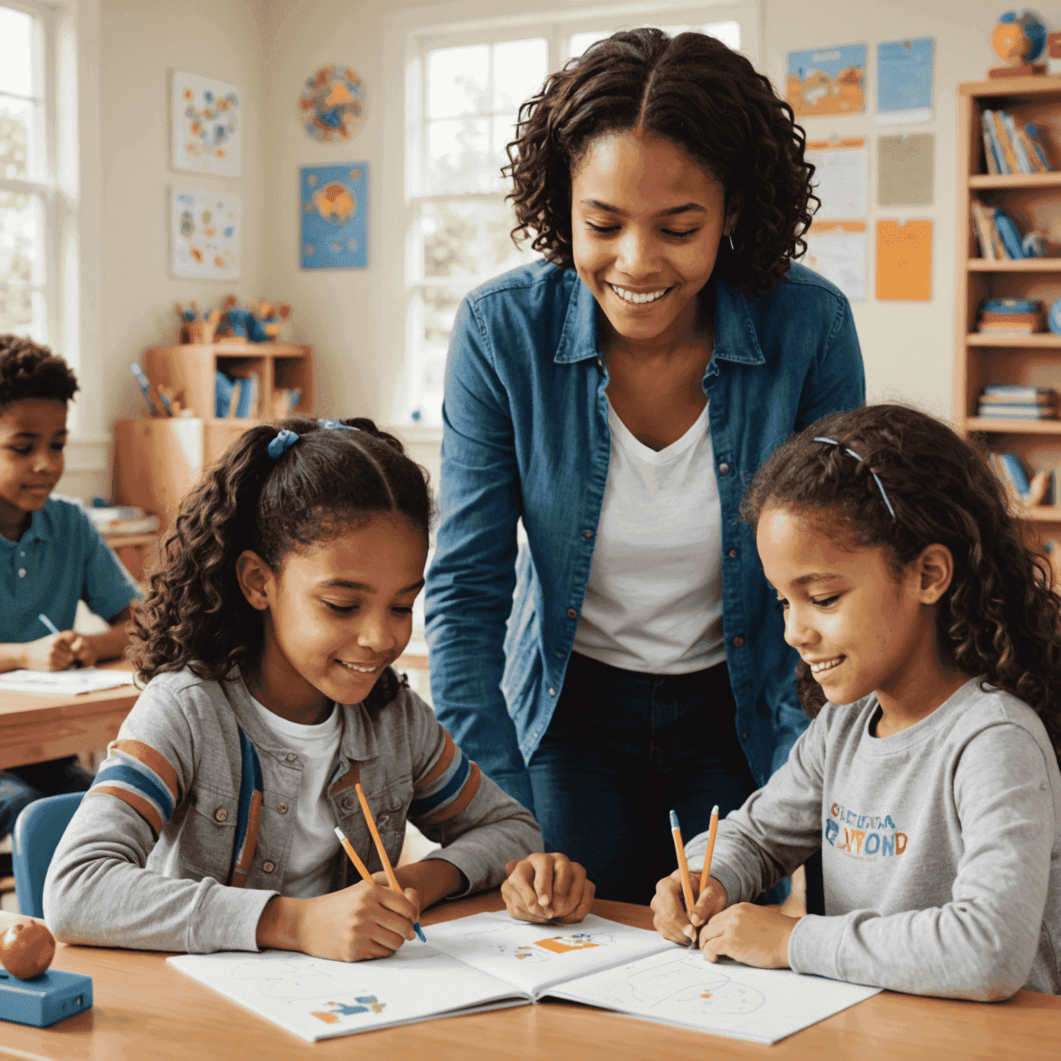 Children engaged in various after-school activities with a caregiver, including homework help and games