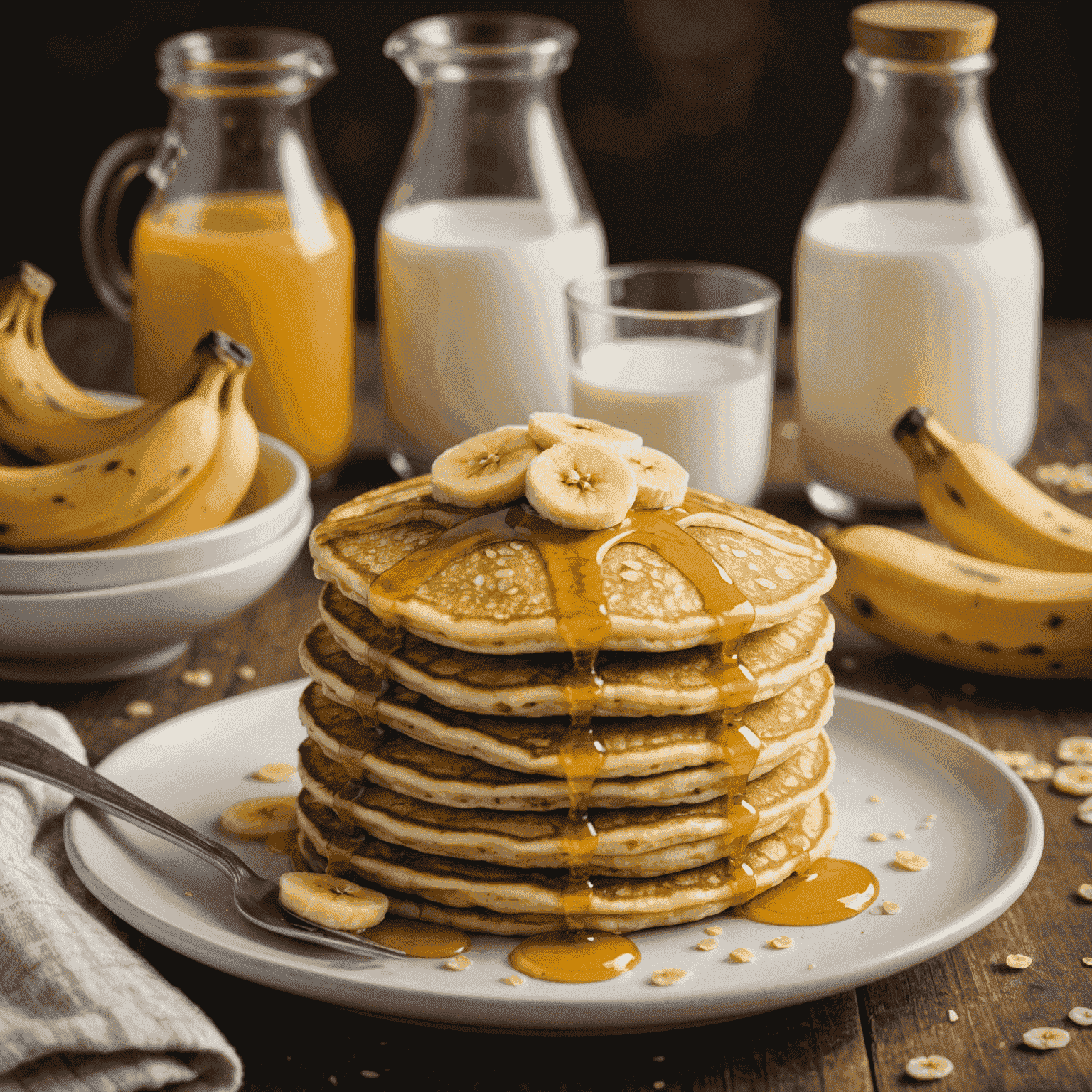 A stack of small, golden pancakes with visible oats. They're topped with sliced bananas and a drizzle of honey. A small bottle of milk is visible in the background.