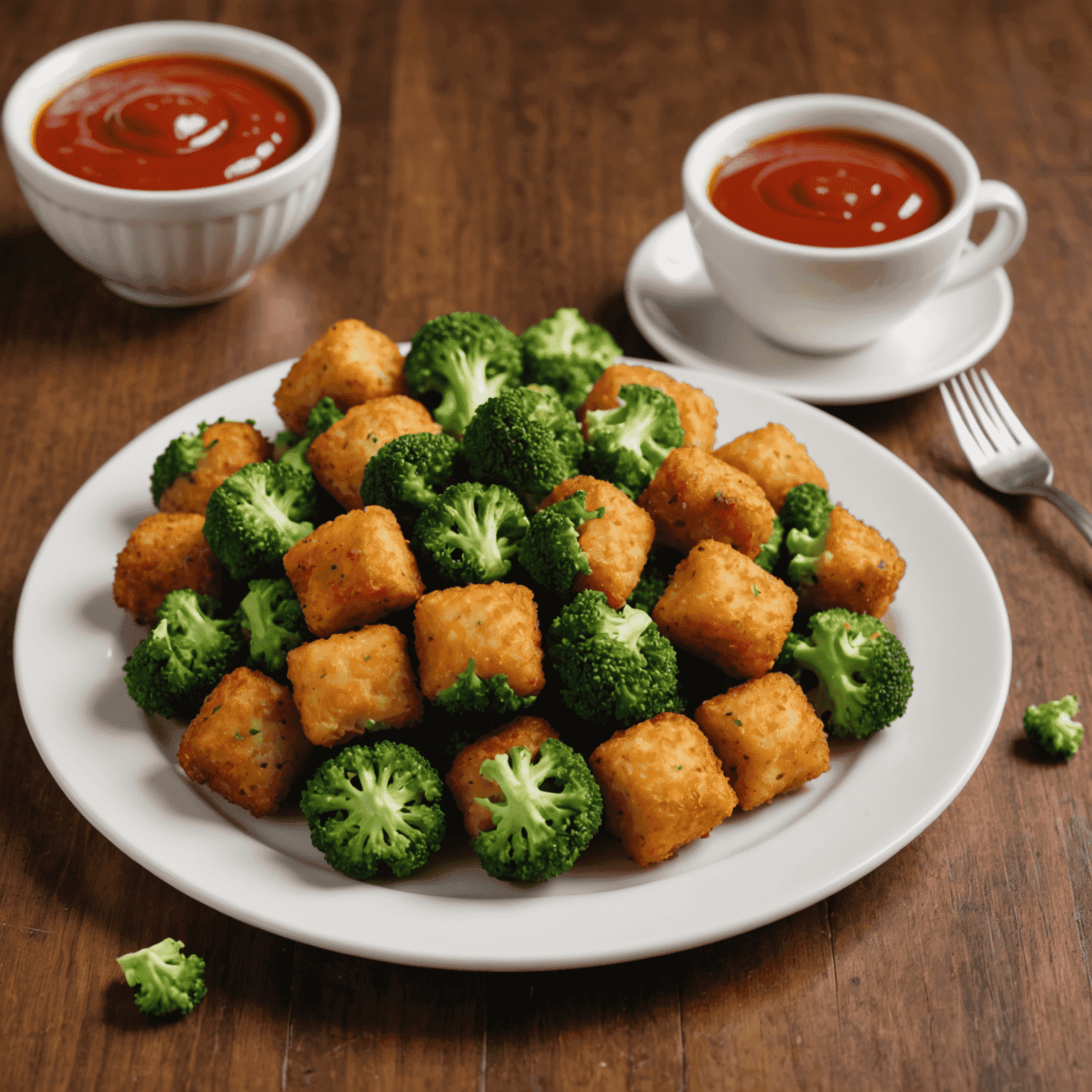 A plate of small, finger-shaped broccoli tots that are golden brown. They're arranged next to a small cup of ketchup for dipping.