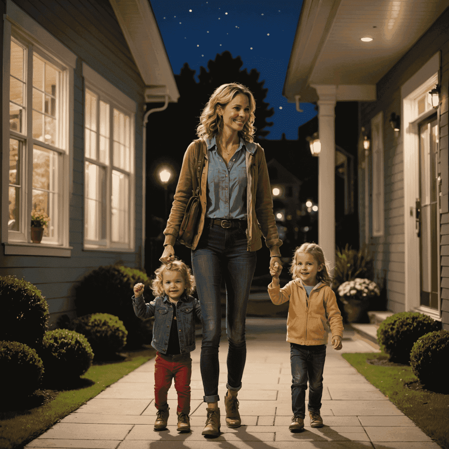 A babysitter arriving at a home late at night, greeted by relieved parents